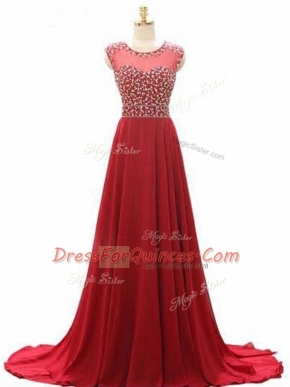Sexy Wine Red Empire Scoop Sleeveless Chiffon Brush Train Lace Up Beading Prom Dresses