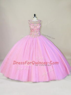 Fashionable Pink Lace Up Scoop Beading 15th Birthday Dress Tulle Sleeveless