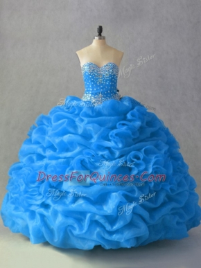 Fitting Blue Sleeveless Beading and Pick Ups and Hand Made Flower Floor Length 15 Quinceanera Dress
