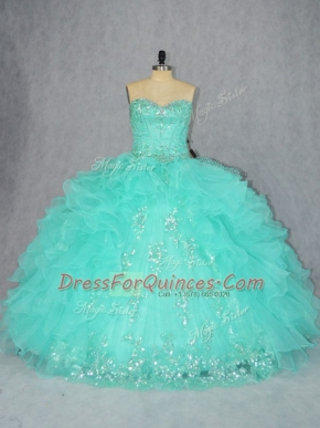 Captivating Sweetheart Sleeveless Lace Up Ball Gown Prom Dress Aqua Blue Organza