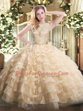 Beauteous Ball Gowns Sweet 16 Dresses Champagne Scoop Organza Sleeveless Floor Length Backless