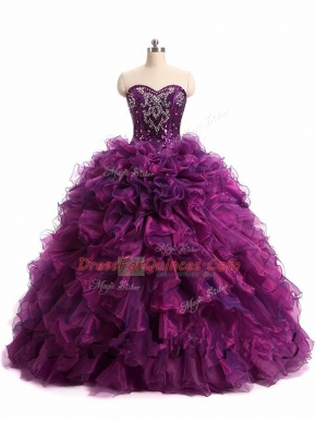 Floor Length Purple 15th Birthday Dress Organza Sleeveless Beading and Ruffles