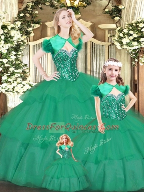 Exceptional Floor Length Lace Up Quinceanera Dress Green for Military Ball and Sweet 16 and Quinceanera with Beading and Ruffled Layers