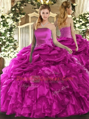 Strapless Sleeveless Vestidos de Quinceanera Floor Length Ruffles and Pick Ups Fuchsia Organza