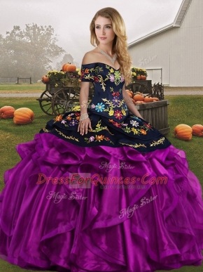Black And Purple Sleeveless Organza Lace Up Vestidos de Quinceanera for Military Ball and Sweet 16 and Quinceanera