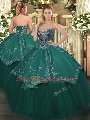 Trendy Dark Green Taffeta and Tulle Lace Up Ball Gown Prom Dress Sleeveless Floor Length Beading and Embroidery
