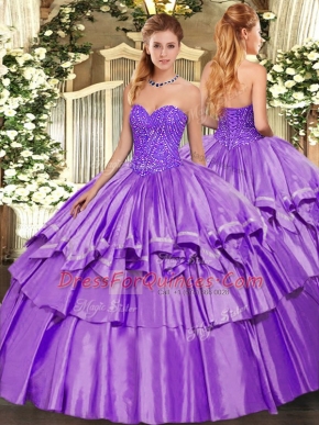Unique Floor Length Lace Up Quince Ball Gowns Lavender for Military Ball and Sweet 16 and Quinceanera with Beading and Ruffles