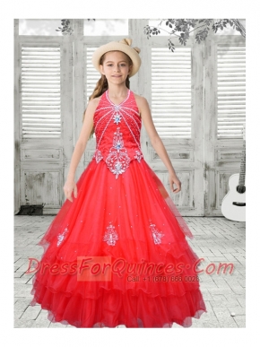 A-Line Halter Organza Beading Little Girl Pageant Dress in Red