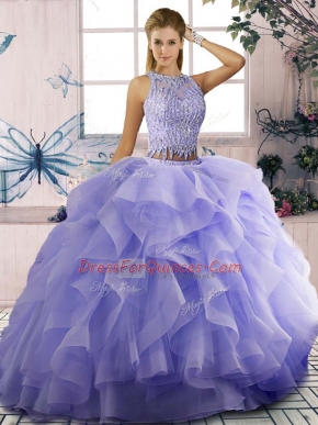 Lavender 15 Quinceanera Dress Sweet 16 and Quinceanera with Beading and Ruffles Scoop Sleeveless Zipper