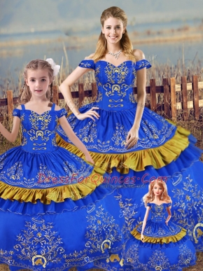 Blue Satin Lace Up Vestidos de Quinceanera Sleeveless Floor Length Embroidery