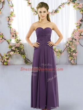 Sweetheart Sleeveless Vestidos de Damas Floor Length Ruching Purple Chiffon