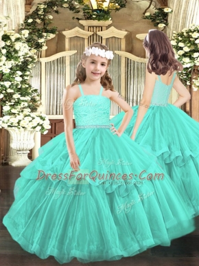 Turquoise Zipper Kids Pageant Dress Beading and Lace Sleeveless Floor Length
