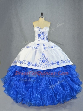 Pretty Blue And White Organza Lace Up Sweetheart Sleeveless 15 Quinceanera Dress Brush Train Beading and Embroidery and Ruffles
