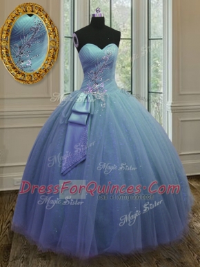 Trendy Tulle and Sequined Sweetheart Sleeveless Lace Up Beading and Ruching Sweet 16 Dresses in Blue