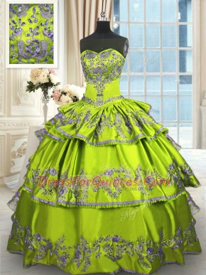 New Style Yellow Green Lace Up Quinceanera Gown Embroidery and Ruffled Layers Sleeveless Floor Length
