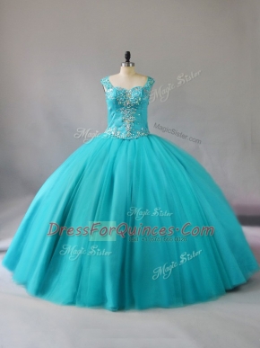 Fabulous Aqua Blue Zipper Quince Ball Gowns Beading Sleeveless Floor Length