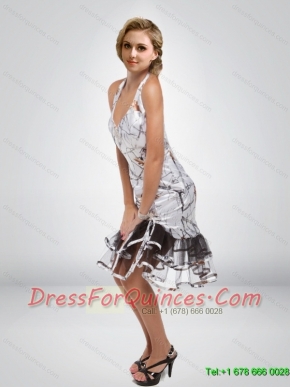 Simple Column Halter Top Tea Length Camo Prom Dress with Ruffled Layers
