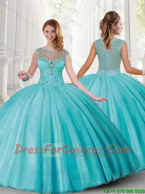 Cheap Bateau Aqua Blue Quinceanera Dresses with Beading