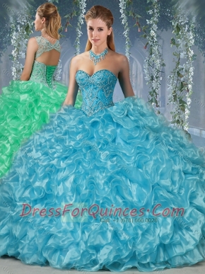 Gorgeous Beaded and Ruffled Big Puffy Quinceanera Dress in Aqua Blue