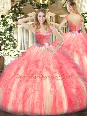 Delicate Floor Length Zipper Ball Gown Prom Dress Watermelon Red for Military Ball and Sweet 16 and Quinceanera with Beading and Ruffles