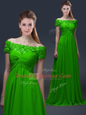 Spectacular Prom Party Dress Prom and Party with Appliques Off The Shoulder Short Sleeves Lace Up