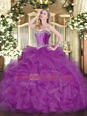 Smart Beading and Ruffles 15 Quinceanera Dress Fuchsia Lace Up Sleeveless Floor Length