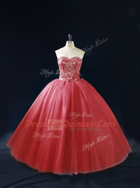 Beading Quinceanera Gowns Red Lace Up Sleeveless