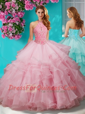 Decent Beaded and Ruffled Layers Quinceanera Gown with Halter Top