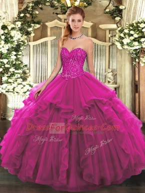 Perfect Sleeveless Tulle Floor Length Lace Up 15th Birthday Dress in Fuchsia with Beading and Ruffles