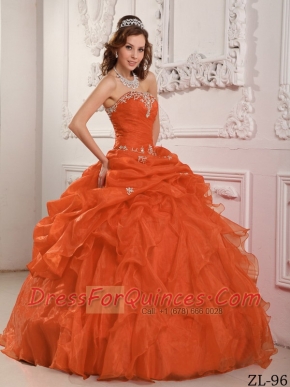 Perfect Orange Red Floor-length  Strapless  Ball Gown  Organza Beading And Ruffles Discount Quinceanera Dresses