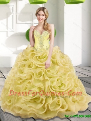 2015 Classical Beading and Rolling Flowers Gold Sweet 15 Dresses