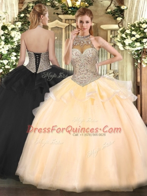 Peach Ball Gowns Halter Top Sleeveless Tulle Floor Length Lace Up Beading Quinceanera Dress