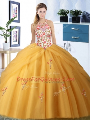 New Arrival Pick Ups Halter Top Sleeveless Lace Up 15th Birthday Dress Gold Tulle