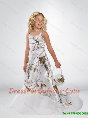 2015 Popular A Line Straps Camo Flower Girl Dresses with Brush Train Beading
