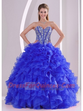 2014 Cute Ball Gown Sweetheart Blue Sweet 16 Dresses with Ruffles and Beading