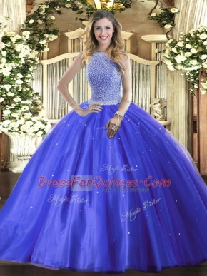 Ideal Blue Sleeveless Tulle Lace Up Sweet 16 Quinceanera Dress for Military Ball and Sweet 16 and Quinceanera