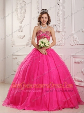 Hot Pink A-Line / Princess Sweetheart Floor-length Satin and Organza Beading Quinceanera Dress