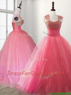 Cheap Straps Beading Brush Train Quinceanera Dress in Watermelon Red