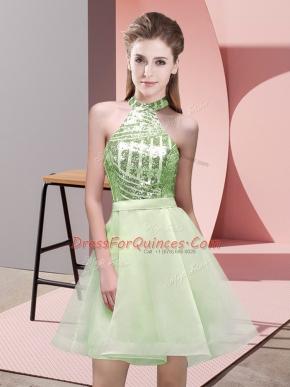 Yellow Green Backless Quinceanera Dama Dress Sequins Sleeveless Mini Length