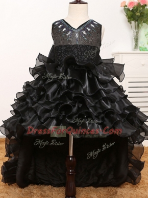 V-neck Sleeveless Organza Little Girls Pageant Dress Wholesale Beading and Ruffles and Bowknot Zipper