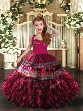 Wonderful Hot Pink and Fuchsia Organza Lace Up Straps Sleeveless Floor Length Little Girls Pageant Gowns Appliques and Ruffles