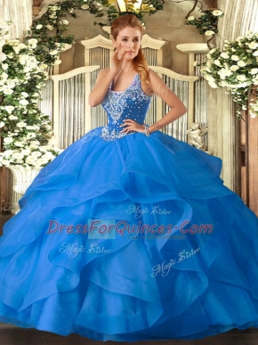 Elegant Baby Blue Ball Gowns Straps Sleeveless Tulle Floor Length Lace Up Beading and Ruffles Sweet 16 Quinceanera Dress