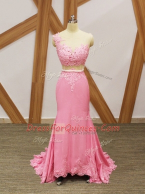 Baby Pink Elastic Woven Satin Zipper Scoop Sleeveless Homecoming Dress Brush Train Beading and Lace and Appliques
