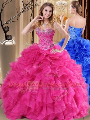 Beautiful Sweetheart Sleeveless Organza Vestidos de Quinceanera Beading and Ruffles Lace Up