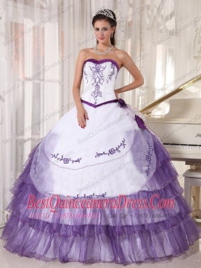 White and Purple Ball Gown Sweetheart Floor-length Satin and Organza Embroidery Quinceanera Dress