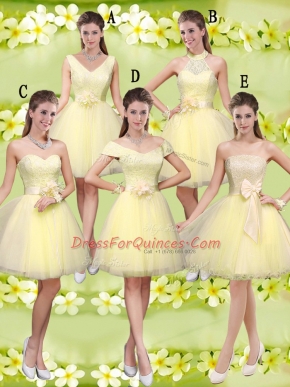 Light Yellow A-line Lace and Belt Dama Dress Lace Up Tulle Sleeveless Knee Length