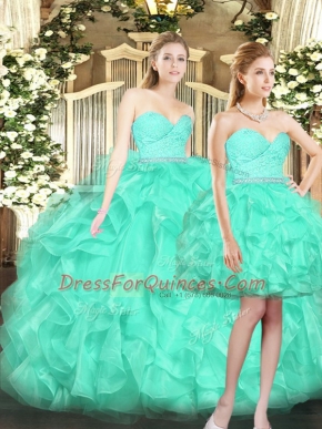 Turquoise Ball Gowns Sweetheart Sleeveless Tulle Floor Length Lace Up Ruffles Quinceanera Dresses
