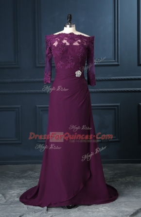Purple Column/Sheath Chiffon Scalloped Sleeveless Beading and Lace Zipper Homecoming Dress Brush Train