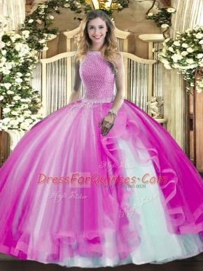 Floor Length Ball Gowns Sleeveless Fuchsia Quince Ball Gowns Lace Up
