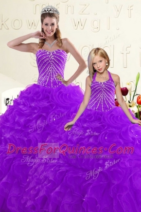Stylish Sleeveless Organza Floor Length Lace Up Quince Ball Gowns in Purple with Beading and Ruffles